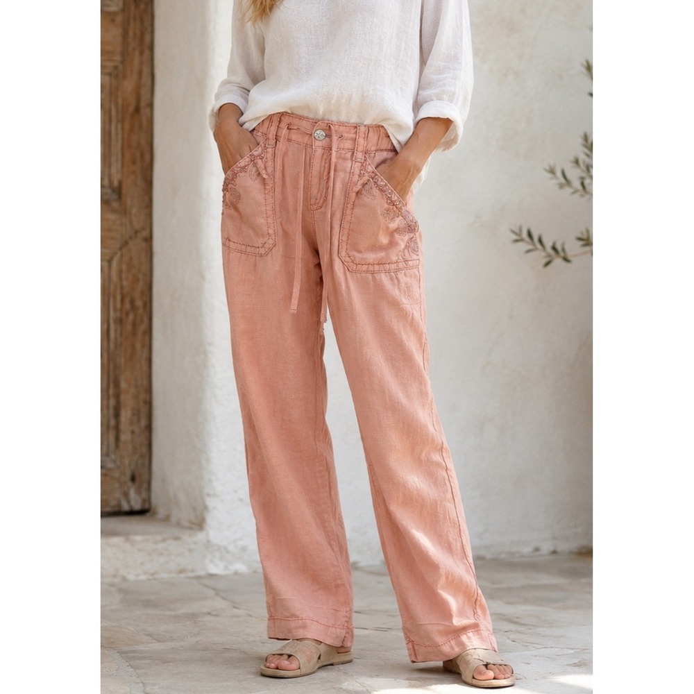 Miss Me Cargo 100% Linen Wide Leg Trouser Pants Coral Pink Small Lagonlook Beach